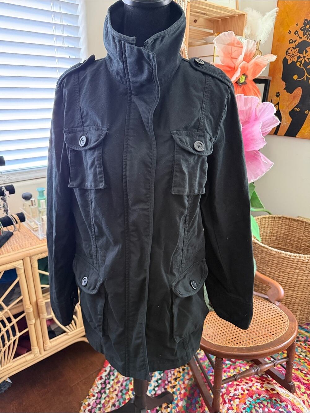 Gap Black Cotton Zip Up Classic Preppy Coastal Nantucket Utility Jacket